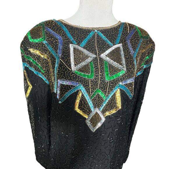 VTG Womens 80s Scala Silk Beaded Sequin Dress Black Gold Green Party Cocktail 3x - Picture 3 of 9